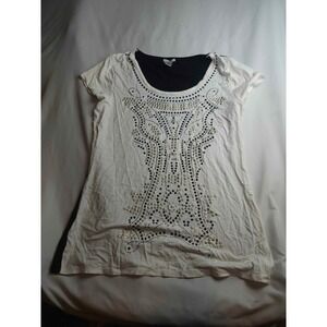 Cache Womens XL White Grommet Rhinestone Embellished Short Sleeve Top Tunic